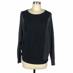 AUTUMN CASHMERE Black Gray Zippered Shoulder Cashmere Pullover Sweater Medium